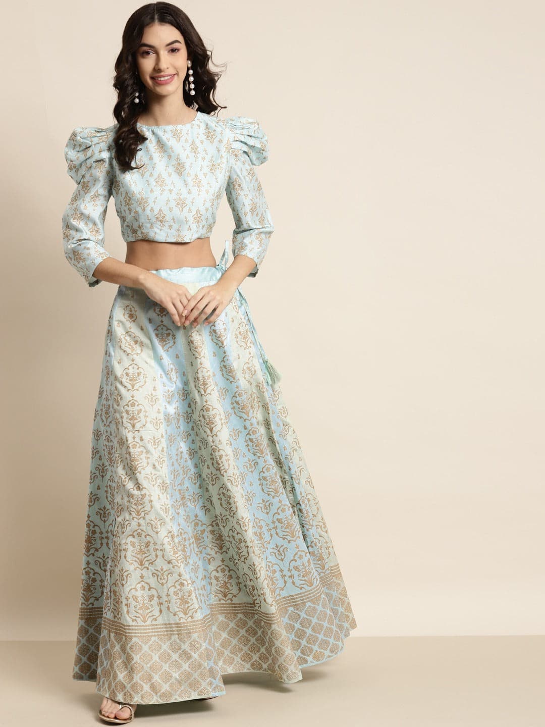 Powder Blue & Mint Green Foil Floral Anarkali Skirt-Skirts-SASSAFRAS