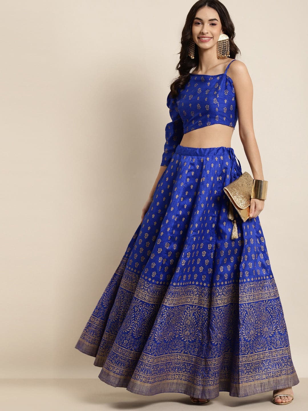 Royal Blue Foil Paisley Anarkali Skirt-Skirts-SASSAFRAS