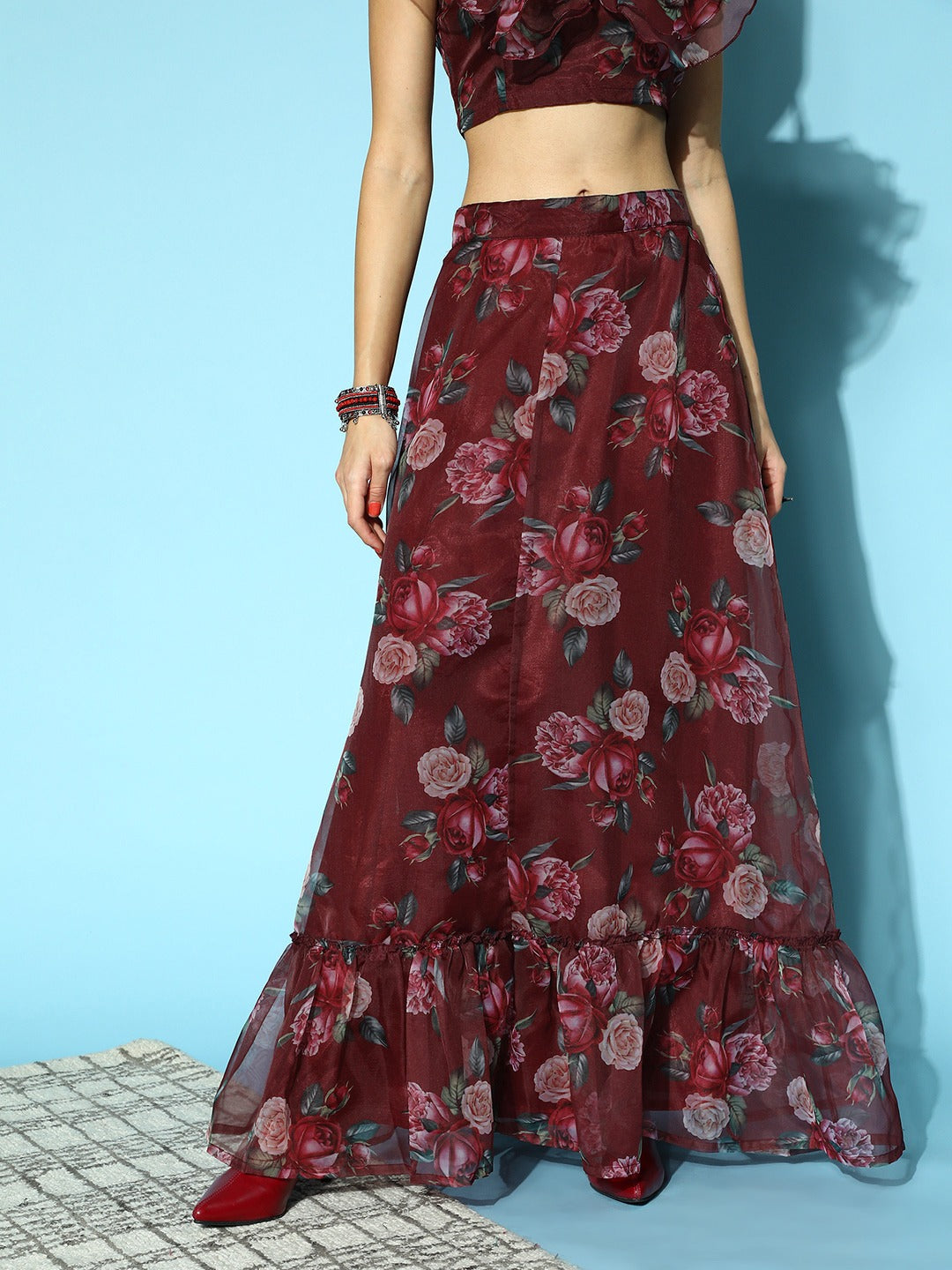 Women Maroon Floral Frill Hem Skirt