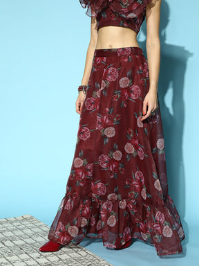 Women Maroon Floral Frill Hem Skirt