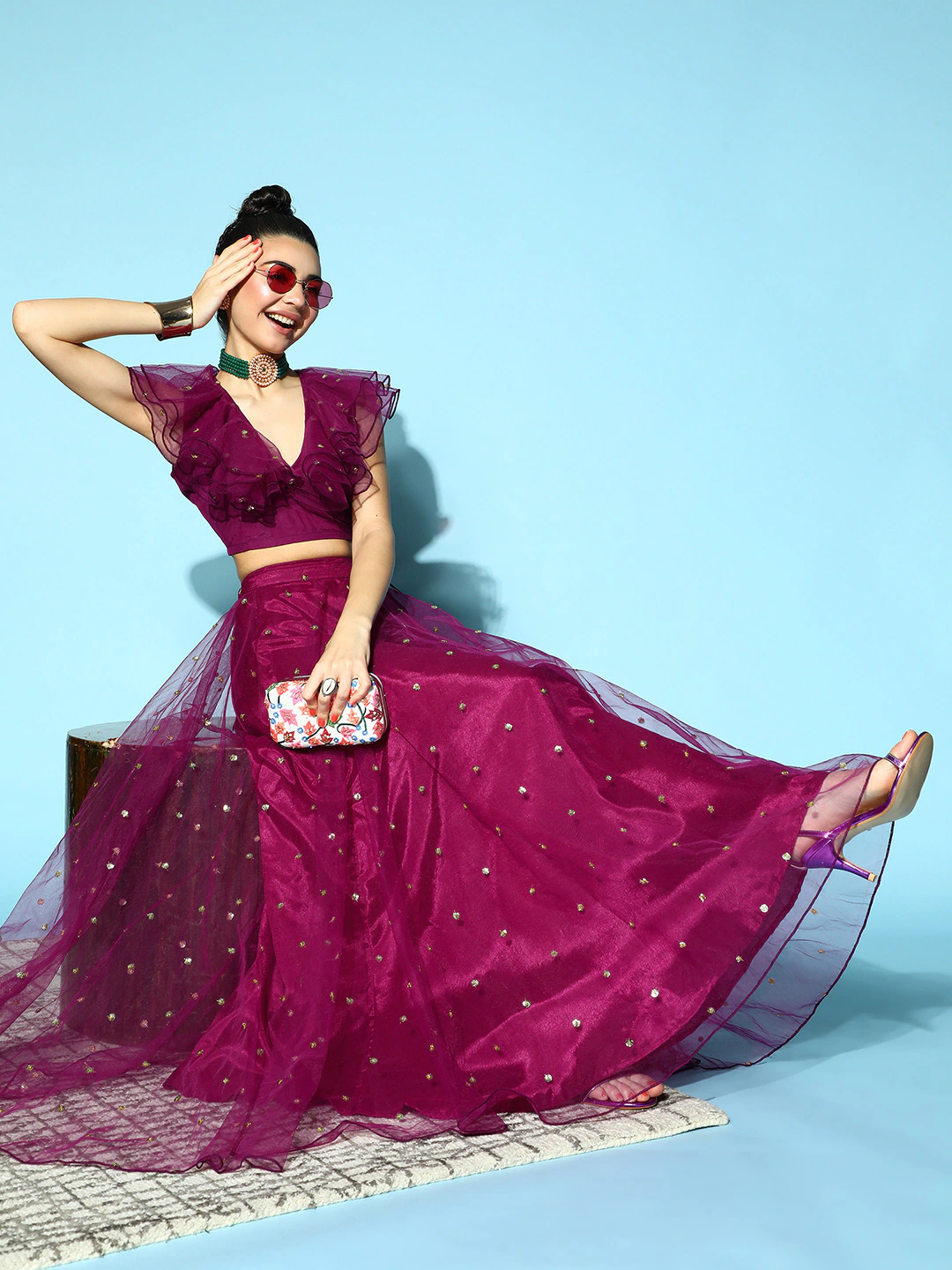 Women Purple Tulle Sequin Flared Skirt-Skirts-SASSAFRAS