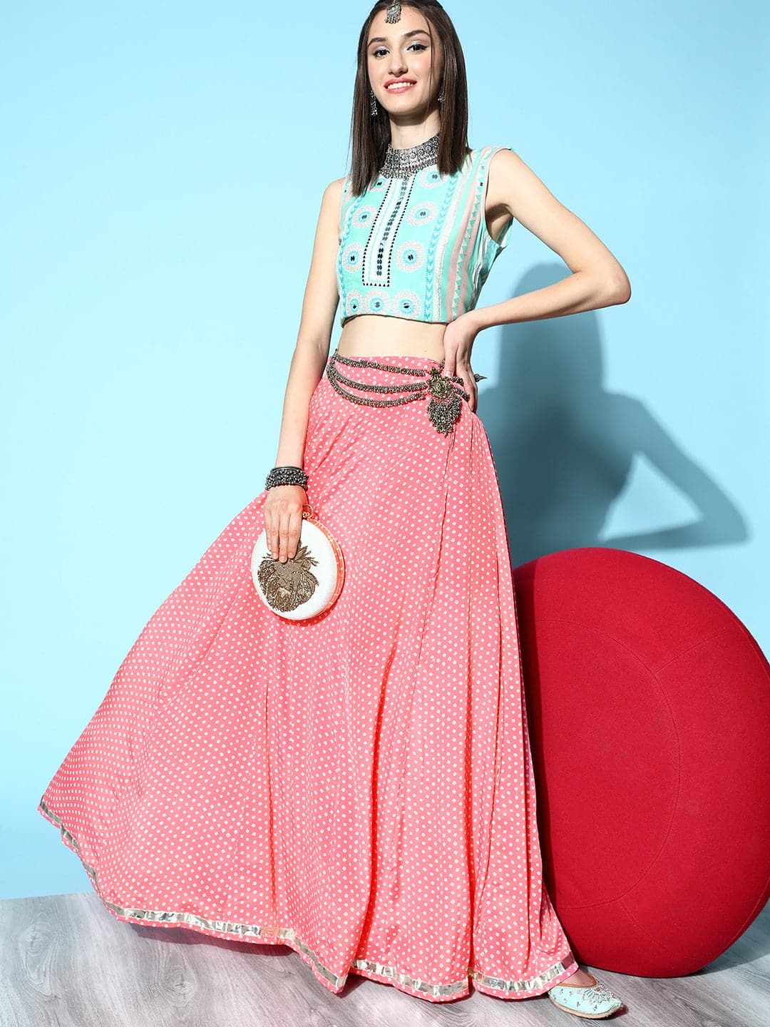 Women Pink Tie & Dye Pocket Anarkali Skirt-Skirts-SASSAFRAS