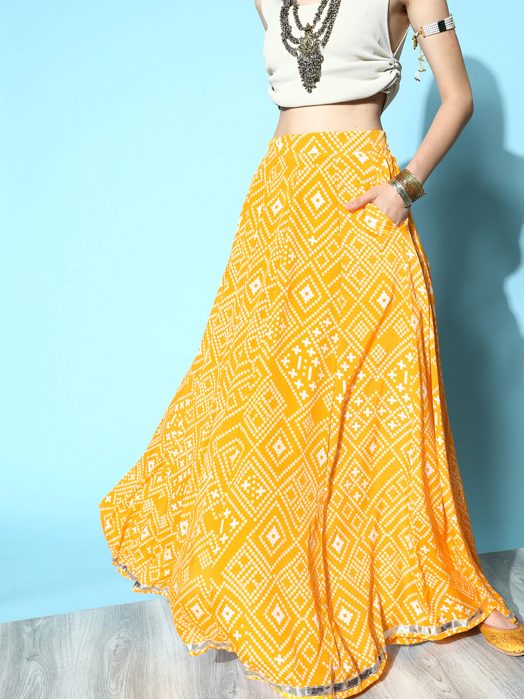 Women Yellow Tie & Dye Pocket Anarkali Skirt-Skirts-SASSAFRAS