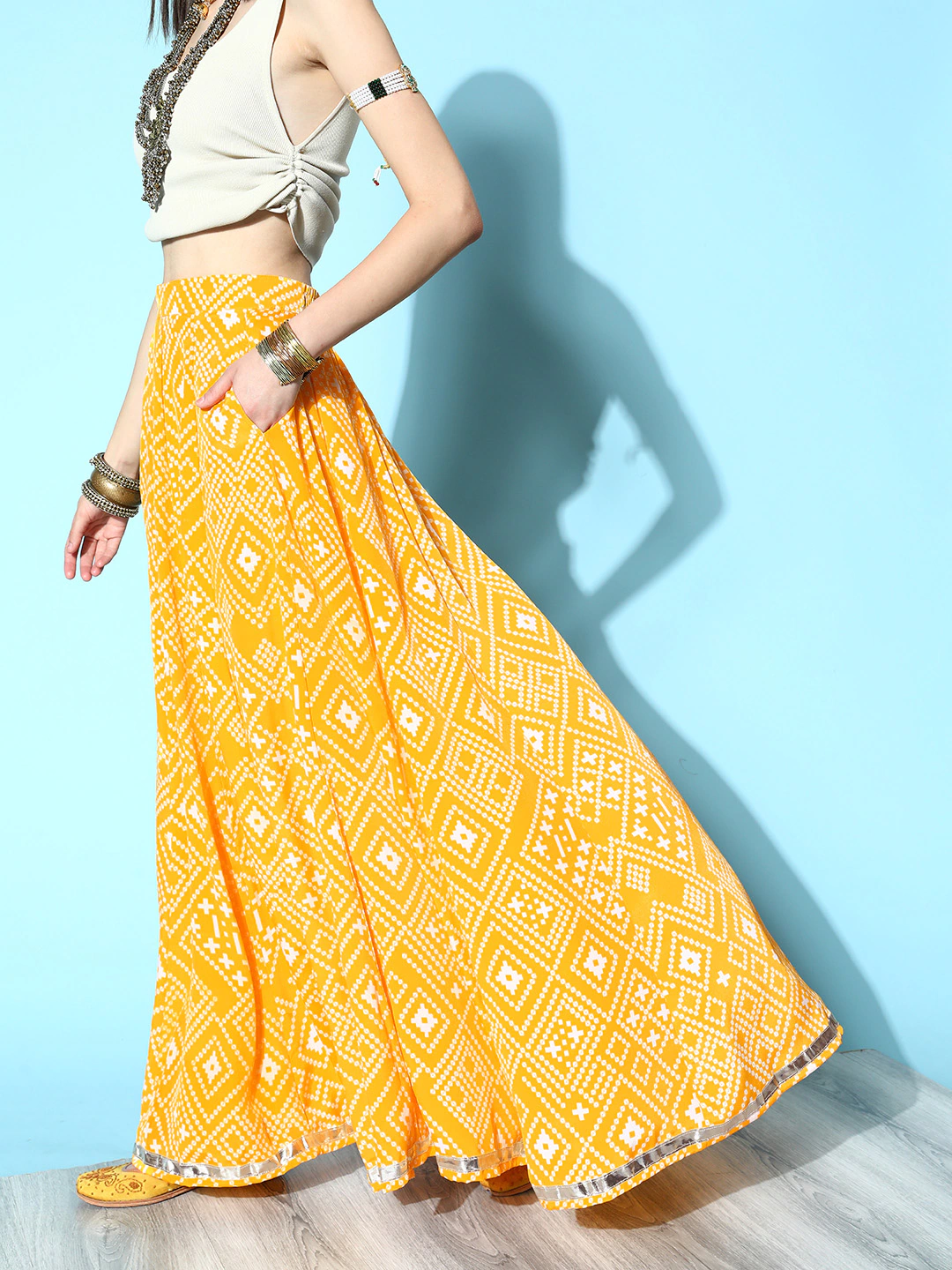 Women Yellow Tie & Dye Pocket Anarkali Skirt