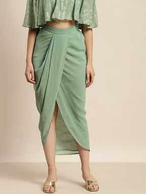 Women Green Pleated Dhoti Skirt-Skirts-SASSAFRAS