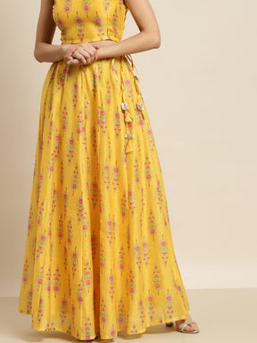 Women Yellow Floral Aanrkali Skirt-Skirts-SASSAFRAS