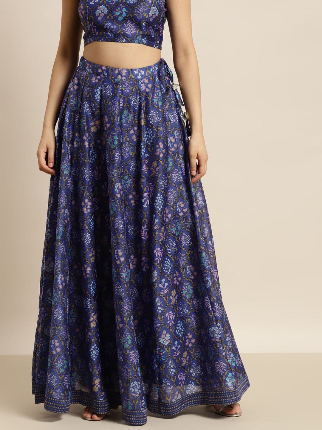 Women Purple Mughal Floral Anarkali Skirt-Skirts-SASSAFRAS