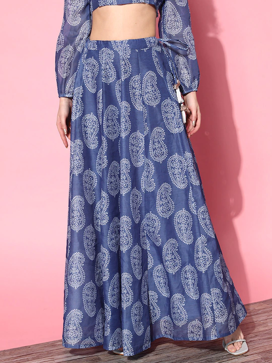 Blue Chanderi Paisley Anarkali Skirt-Shae by SASSAFRAS