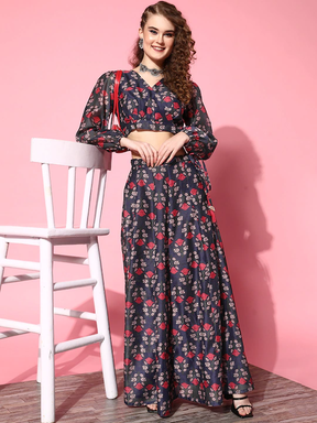 Navy & Pink Chanderi Floral Aanrkali Skirt-Shae by SASSAFRAS