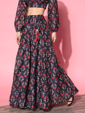 Women Navy & Pink Chanderi Floral Aanrkali Skirt