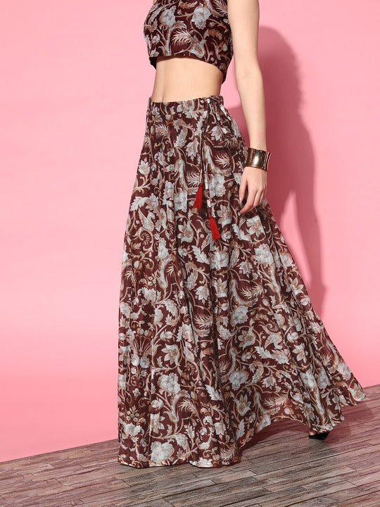 Women Brown Chanderi Floral Anarkali Skirt