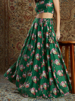 Green Chanderi Floral Anarkali Skirt-Shae by SASSAFRAS