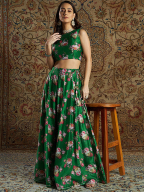 Women Green Chanderi Floral Anarkali Skirt
