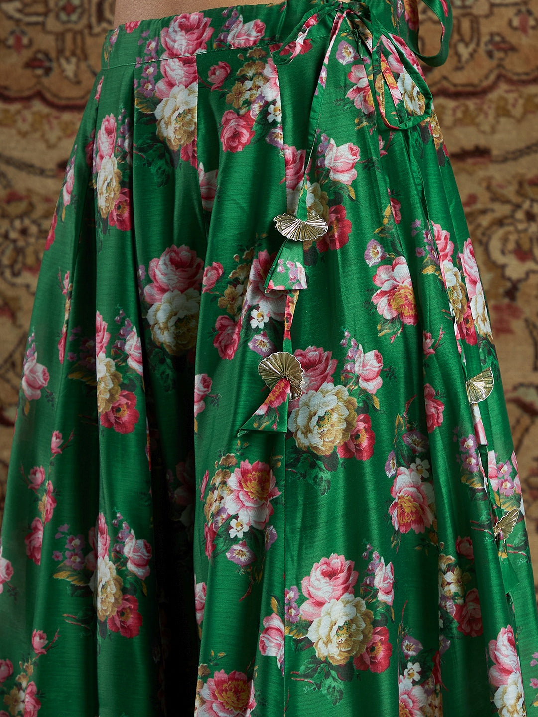 Women Green Chanderi Floral Anarkali Skirt