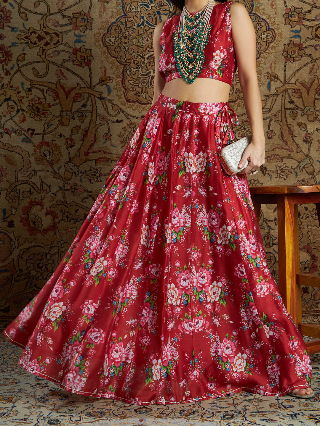 Maroon Chanderi Floral Anarkali Skirt-Shae by SASSAFRAS