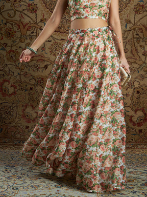Peach & Green Chanderi Floral Anarkali Skirt-Shae by SASSAFRAS