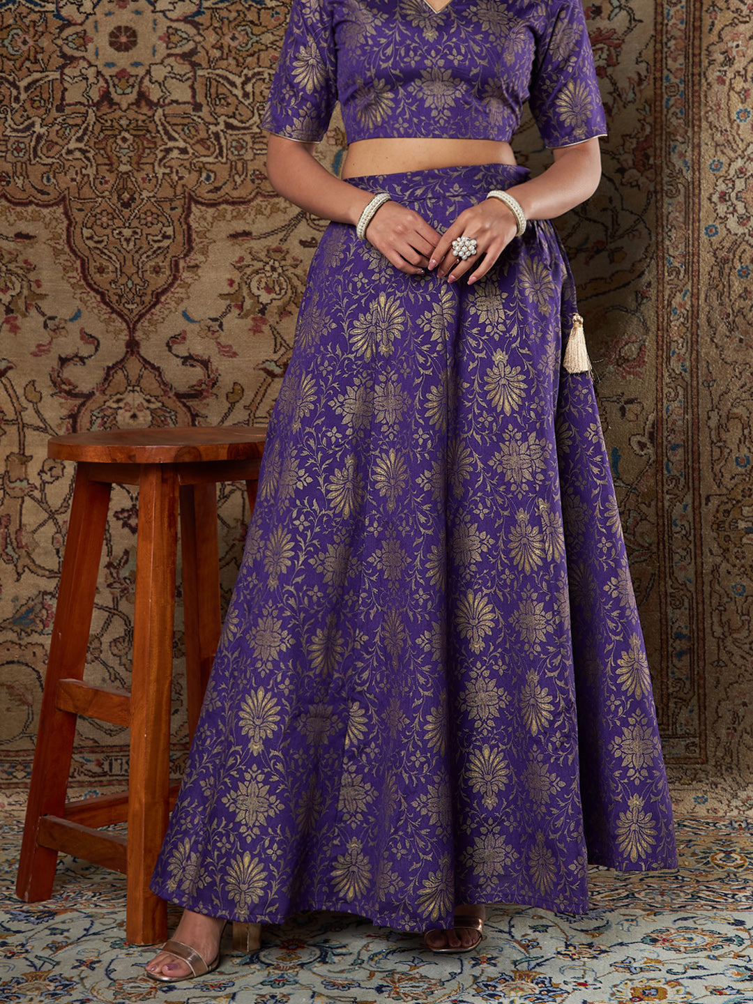 Purple Brocade Floral Anarkali Skirt-Shae by SASSAFRAS