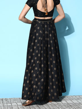 Black Cotton Silk Floral Foil Anarkali Skirt-Shae by SASSAFRAS