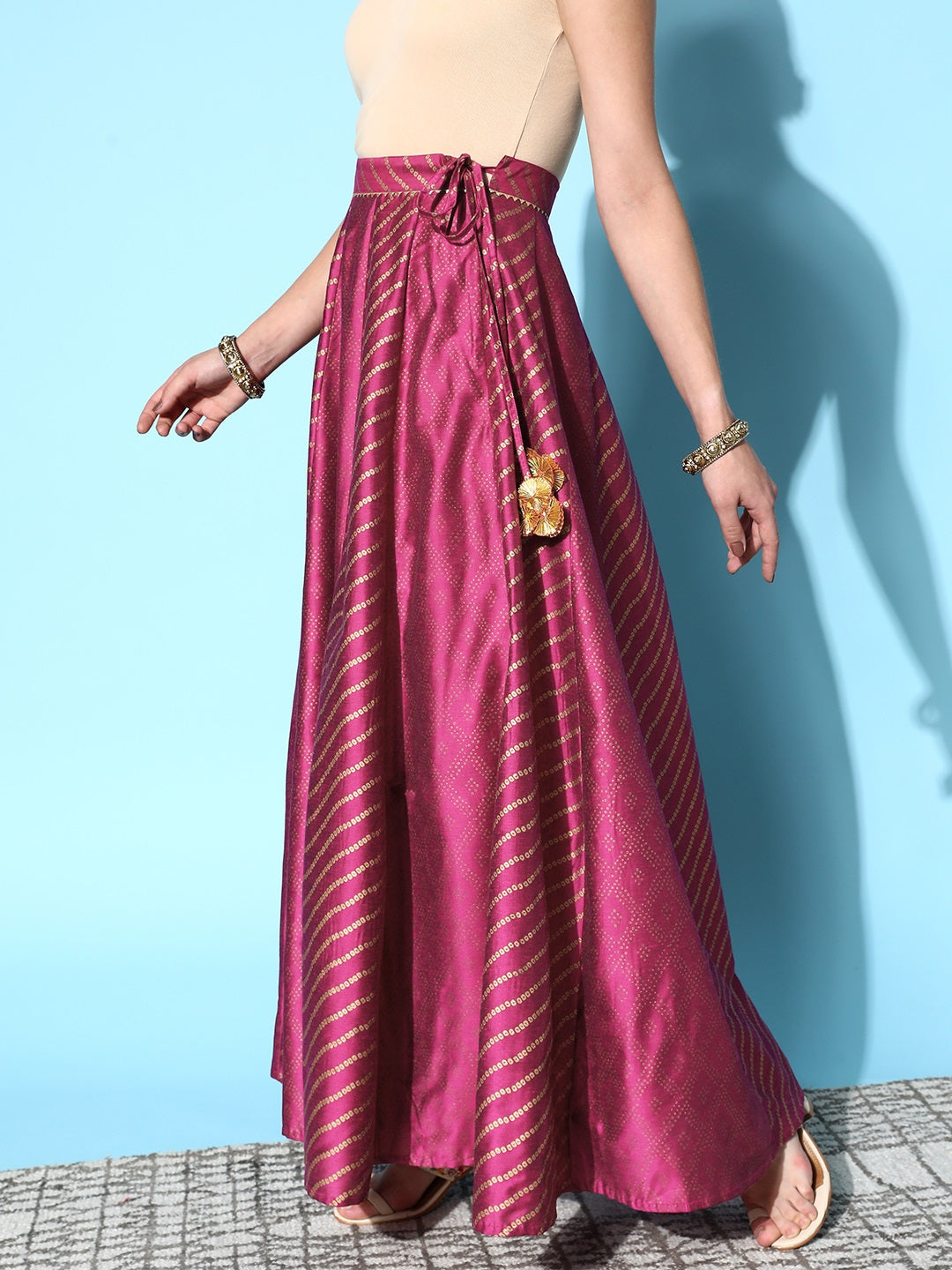 Burgundy Cotton Silk Geo Foil Anarkali Skirt-Shae by SASSAFRAS