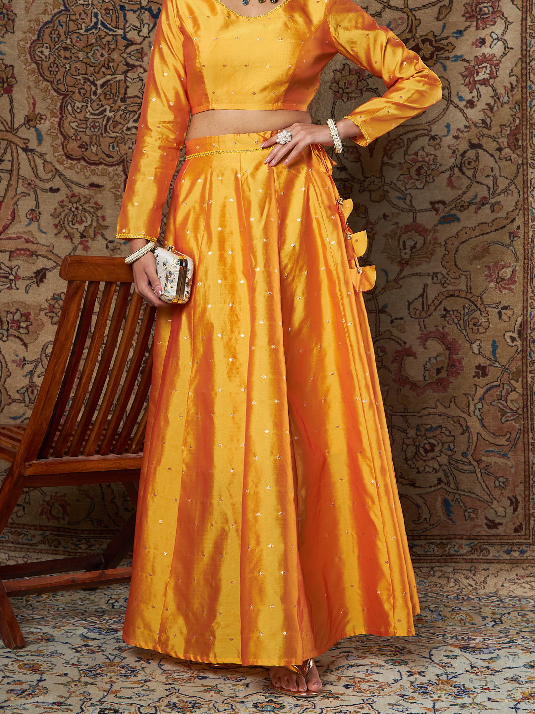 Mustard Taffeta Jacquard Anarkali Skirt-Shae by SASSAFRAS
