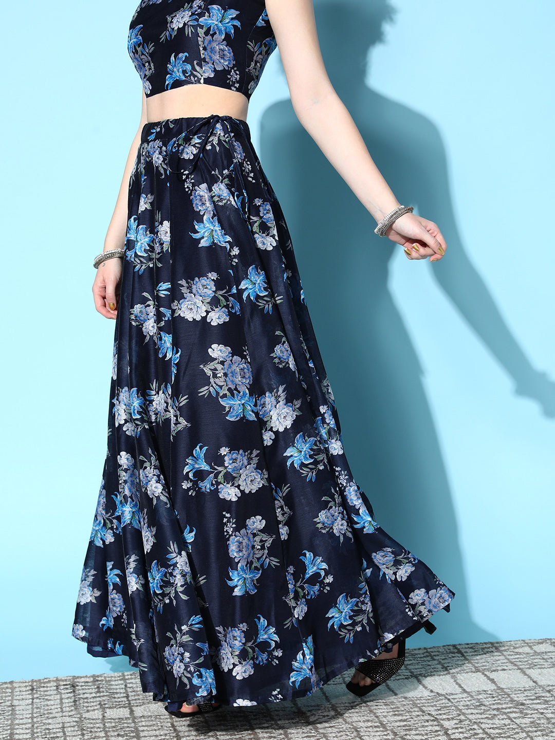 Navy & Blue Chanderi Floral Anarkali Skirt-Shae by SASSAFRAS