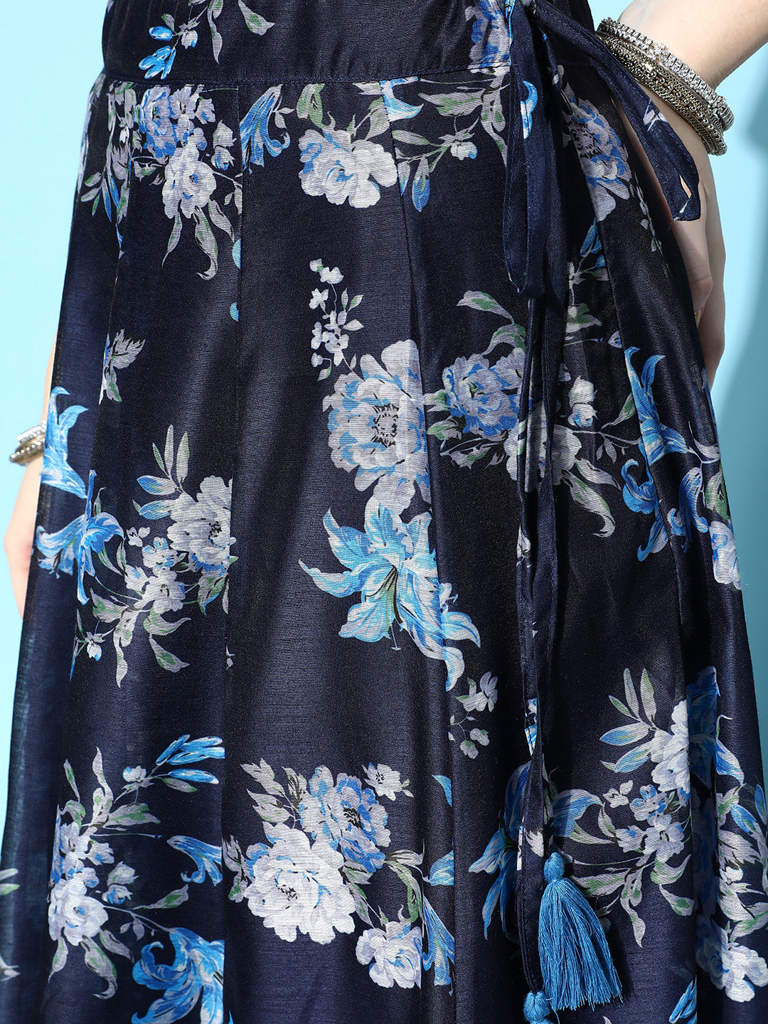 Navy & Blue Chanderi Floral Anarkali Skirt-Shae by SASSAFRAS