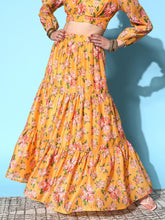 Yellow Chanderi Floral Tiered Skirt-Shae by SASSAFRAS