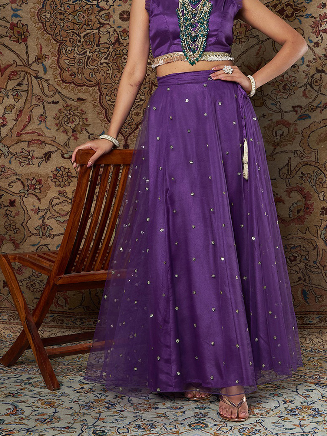 Purple Tulle Sequins Anarkali Skirt-Shae by SASSAFRAS