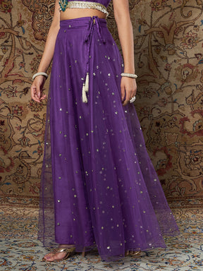 Women Purple Tulle Sequins Anarkali Skirt