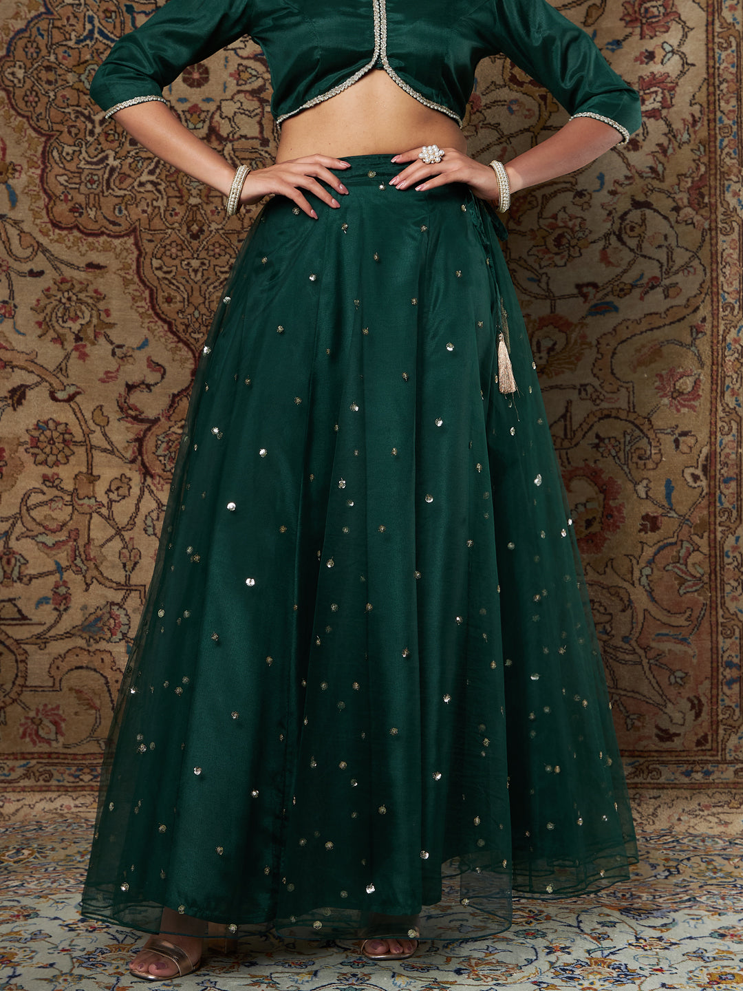Green Tulle Sequins Anarkali Skirt-Shae by SASSAFRAS