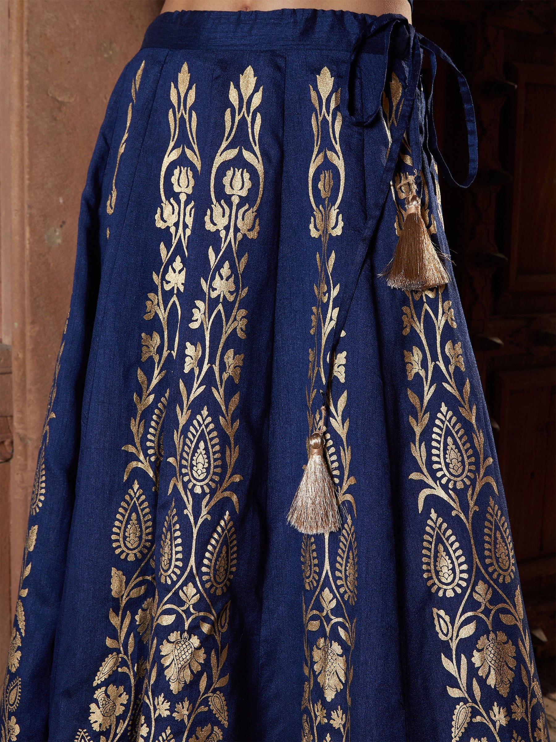 Navy Floral Foil Print Anarkali Skirt-Shae by SASSAFRAS