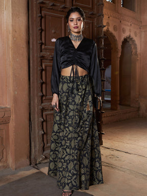 Black Brocade Jacquard Anarkali Skirt-Shae by SASSAFRAS