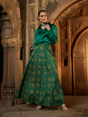 Green Brocade Jacquard Anarakali Skirt-Shae by SASSAFRAS