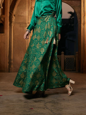 Green Brocade Jacquard Anarakali Skirt-Shae by SASSAFRAS