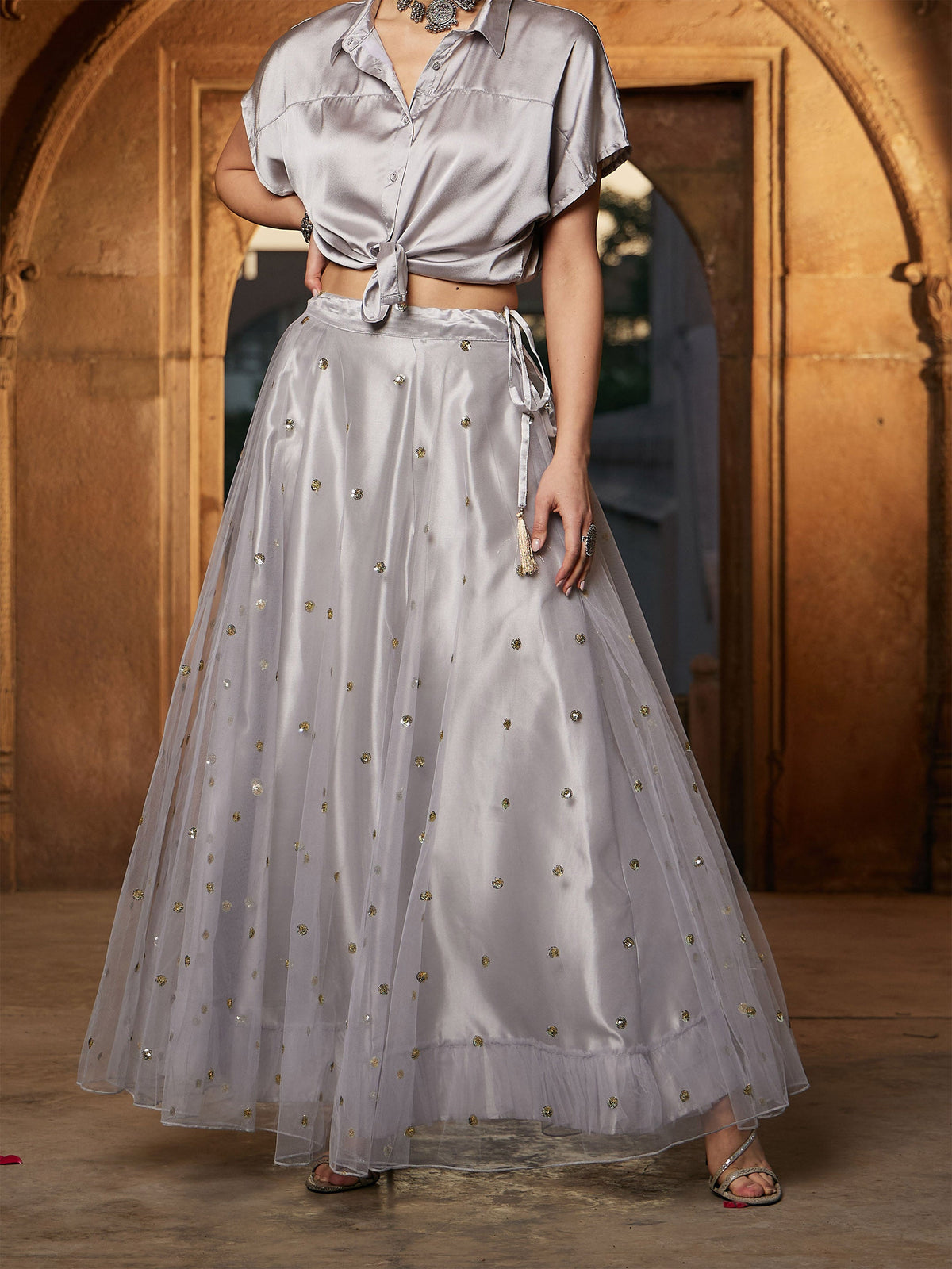 Grey Tulle Sequin Anarkali Skirt-Shae by SASSAFRAS