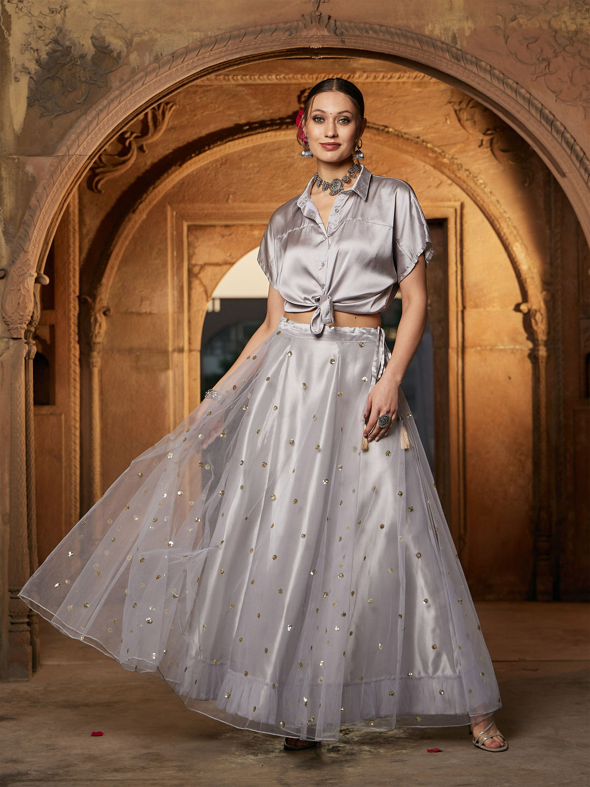Grey Tulle Sequin Anarkali Skirt-Shae by SASSAFRAS