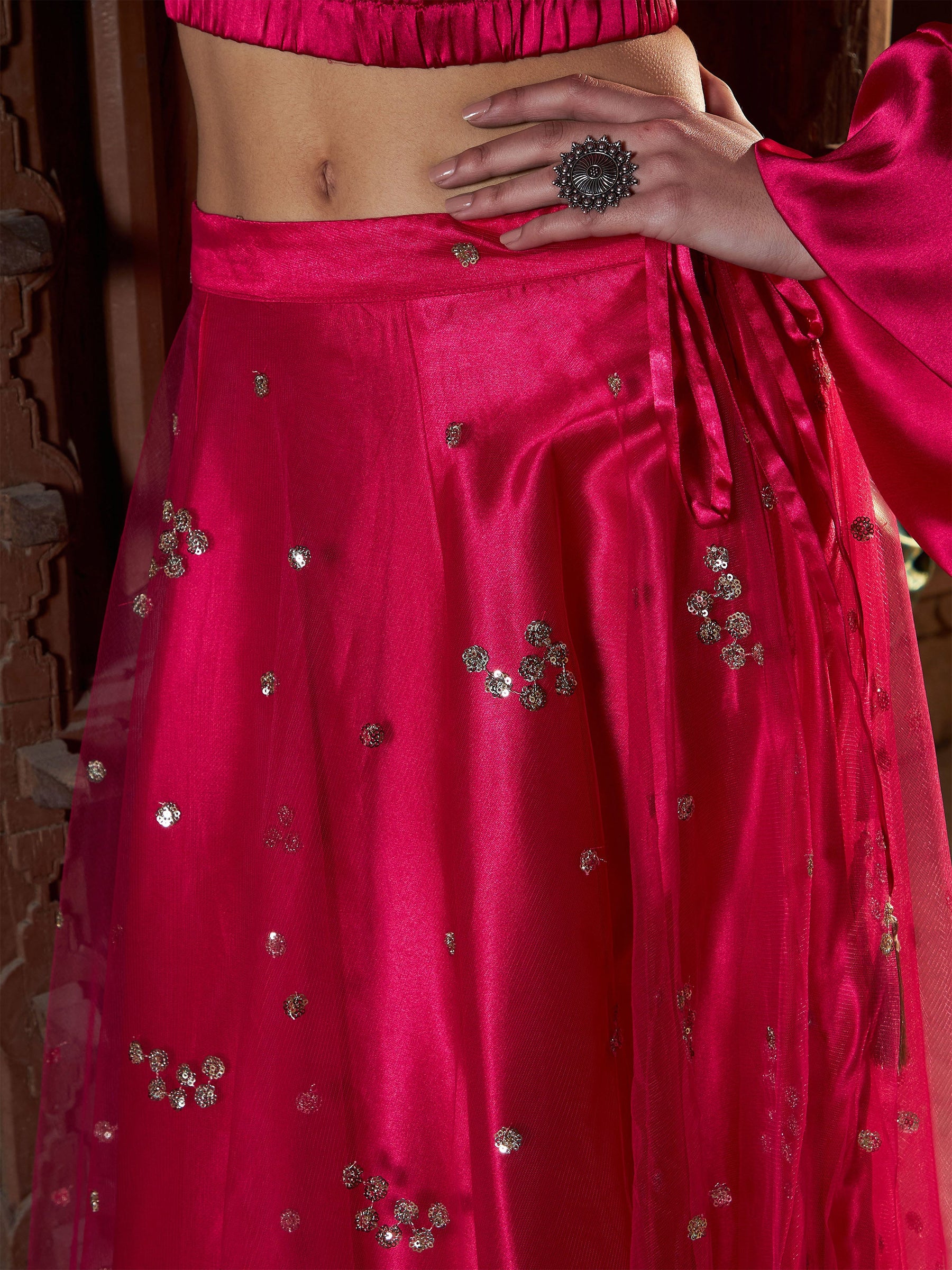 Fuchsia Tulle Sequin Bias Flare Anarkali Skirt-Shae by SASSAFRAS