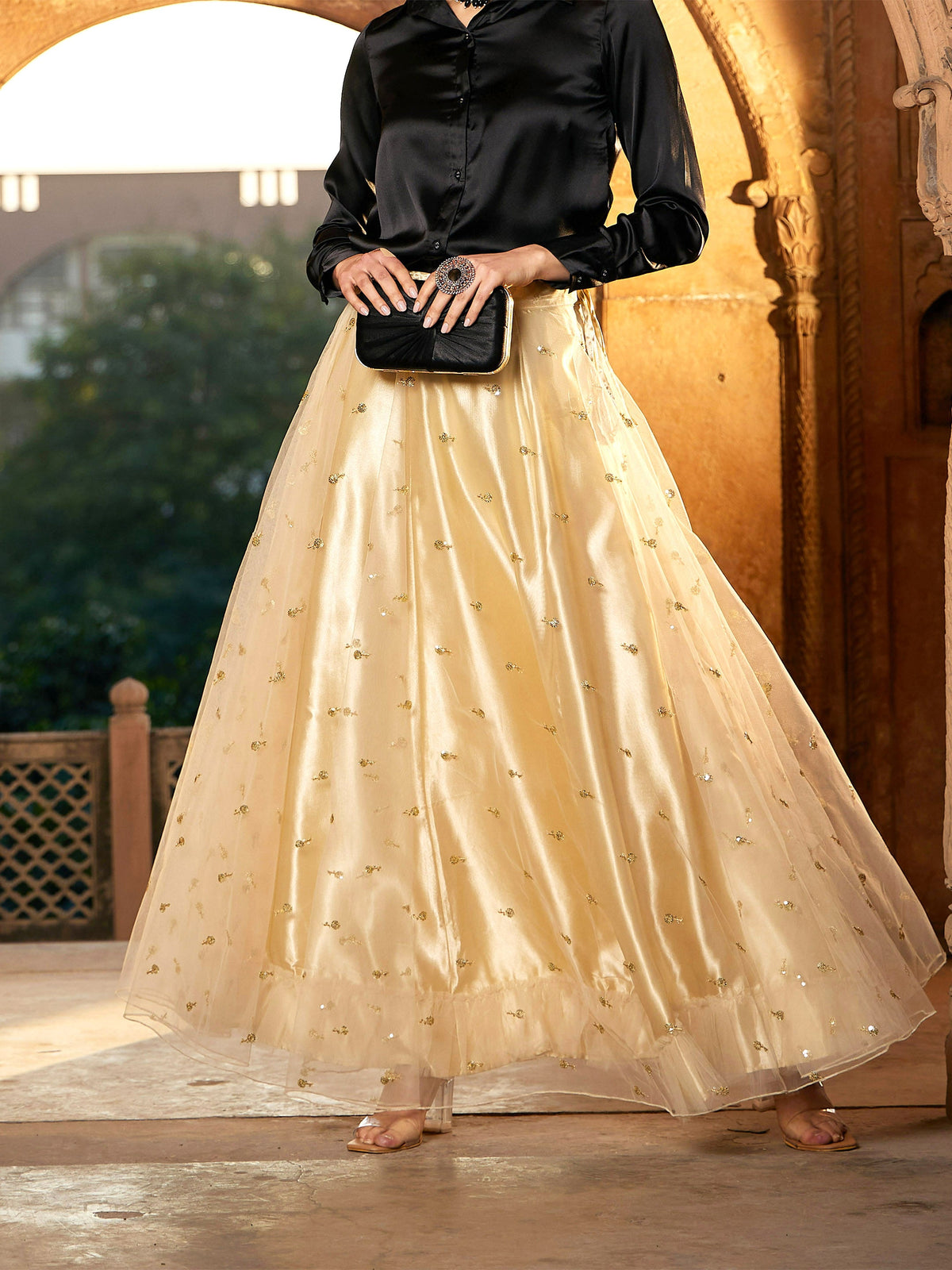 Gold Tulle Sequin Anarkali Skirt-Shae by SASSAFRAS