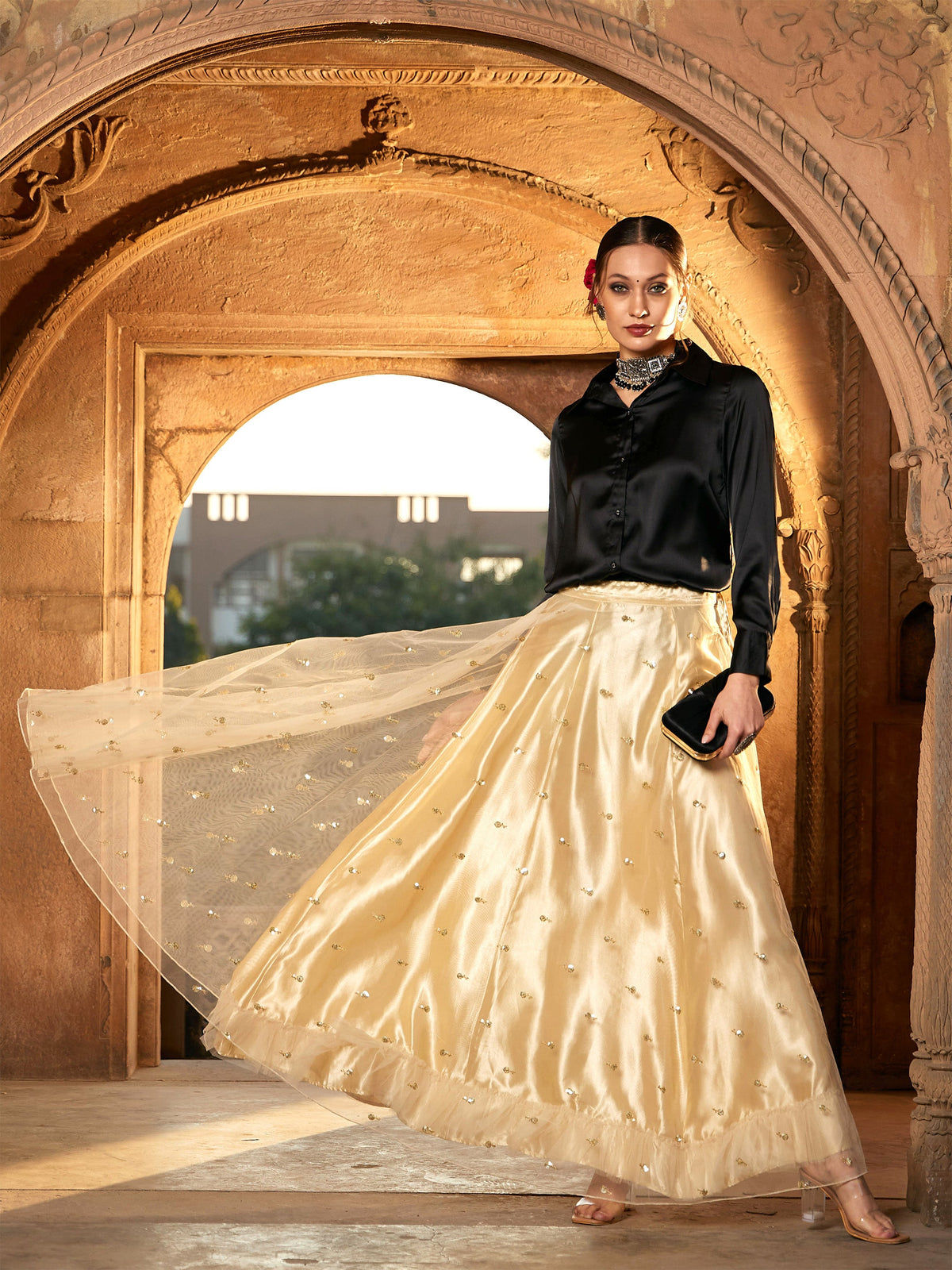 Gold Tulle Sequin Anarkali Skirt-Shae by SASSAFRAS