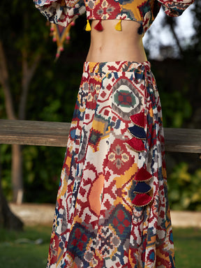 Beige Ikat Print Bias Flared Skirt-Shae by SASSAFRAS