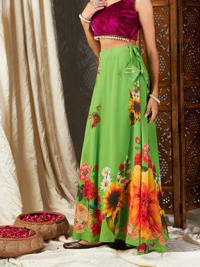 Green Floral Bias Flared Skirt-Shae by SASSAFRAS