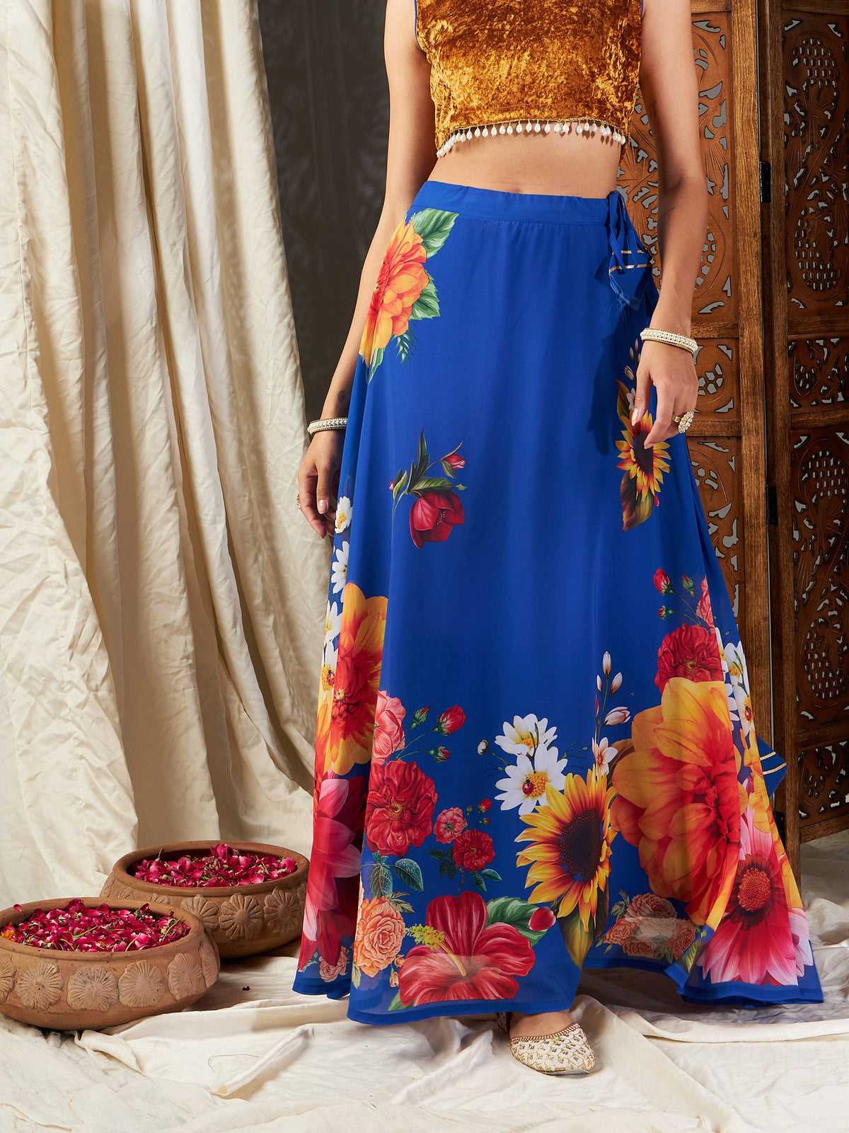Blue Floral Bias Flared Skirt-Shae by SASSAFRAS