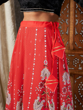 Red Floral Bias Flared Skirt-Shae by SASSAFRAS