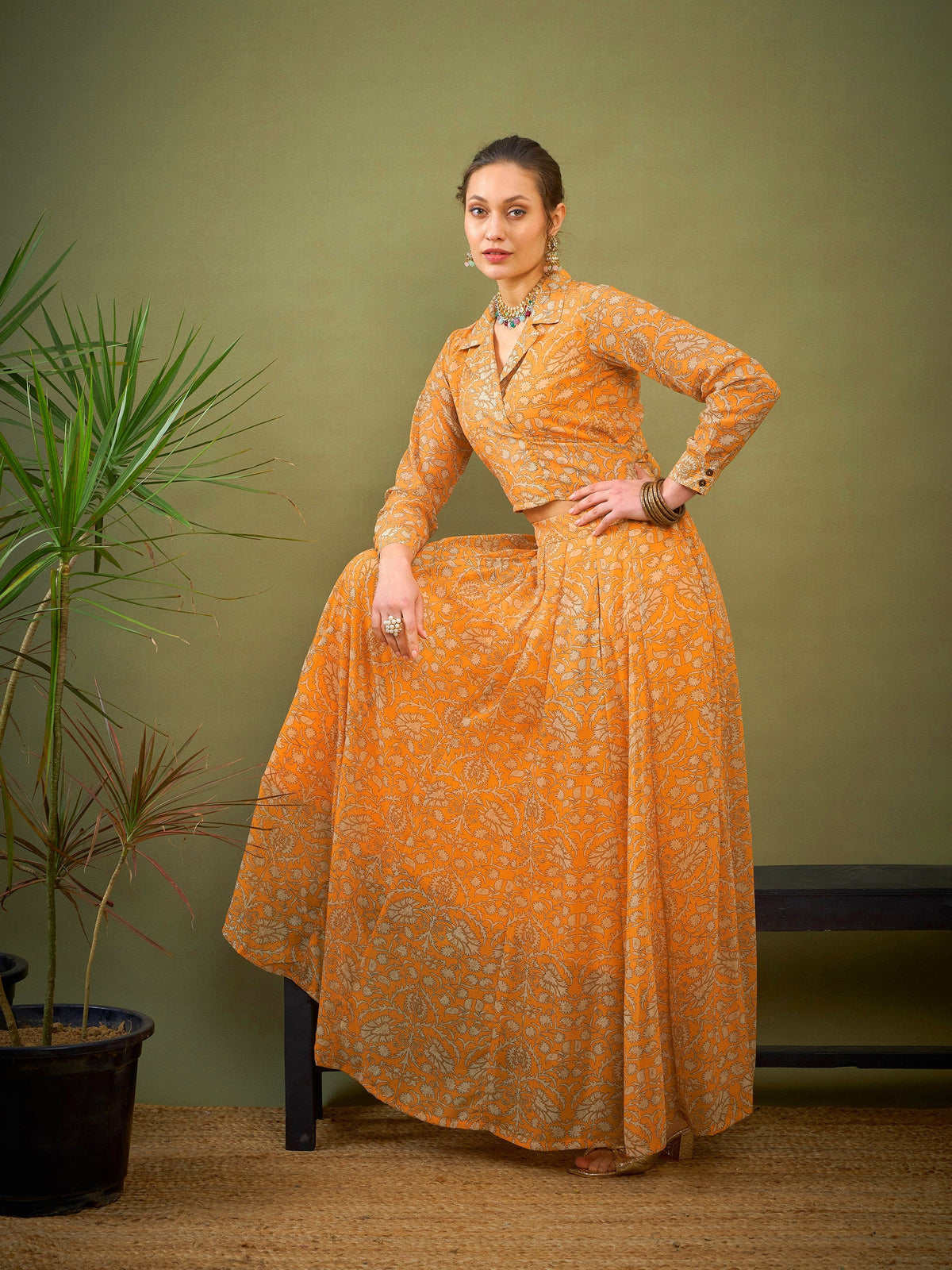 Yellow Floral Ankarkali Skirt-Shae by SASSAFRAS