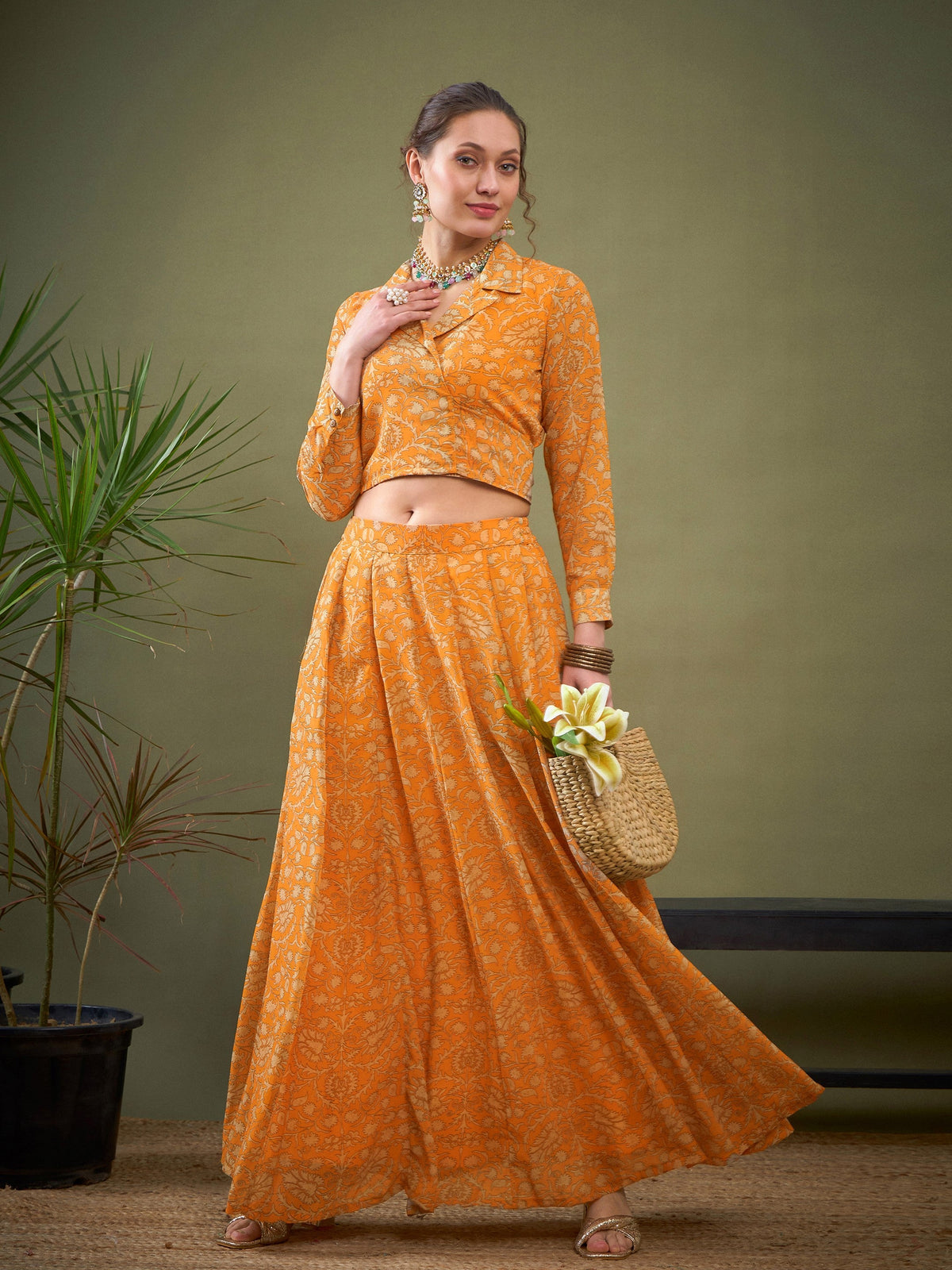 Yellow Floral Anarkali Skirt With Knot Crop Top-Shae by SASSAFRAS