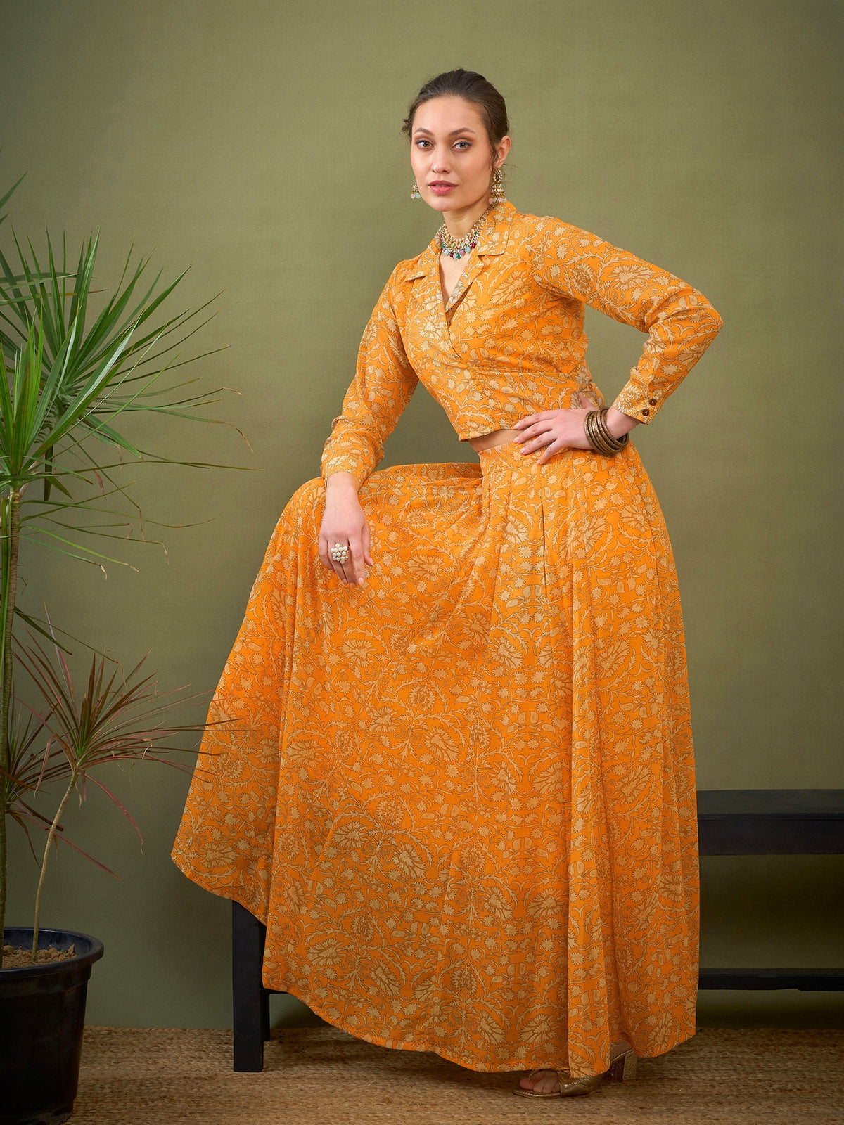 Yellow Floral Anarkali Skirt With Knot Crop Top-Shae by SASSAFRAS