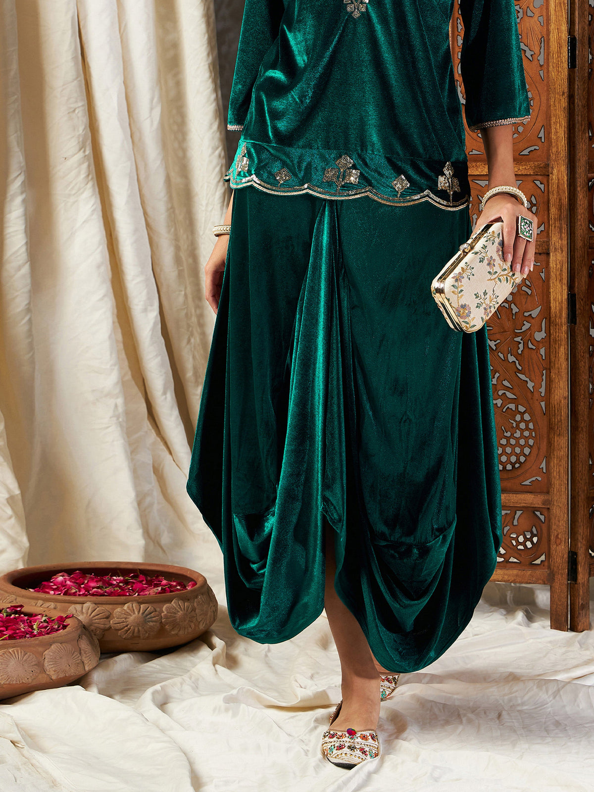 Green Velvet Dhoti Skirt-Shae by SASSAFRAS
