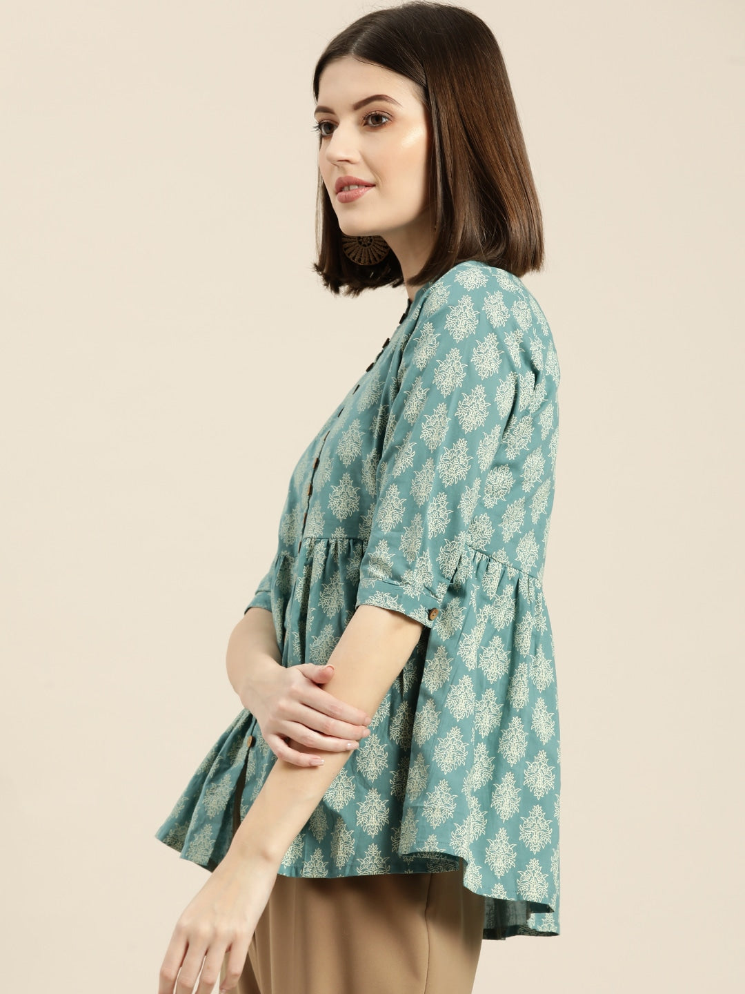 Teal Printed Front Button Gathered Top