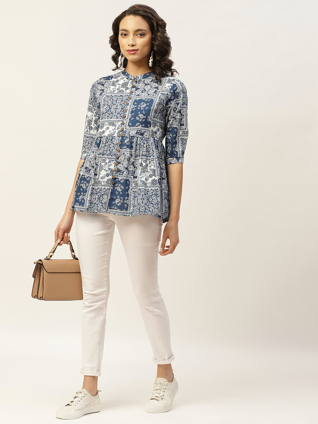 Navy Floral Front Button Top