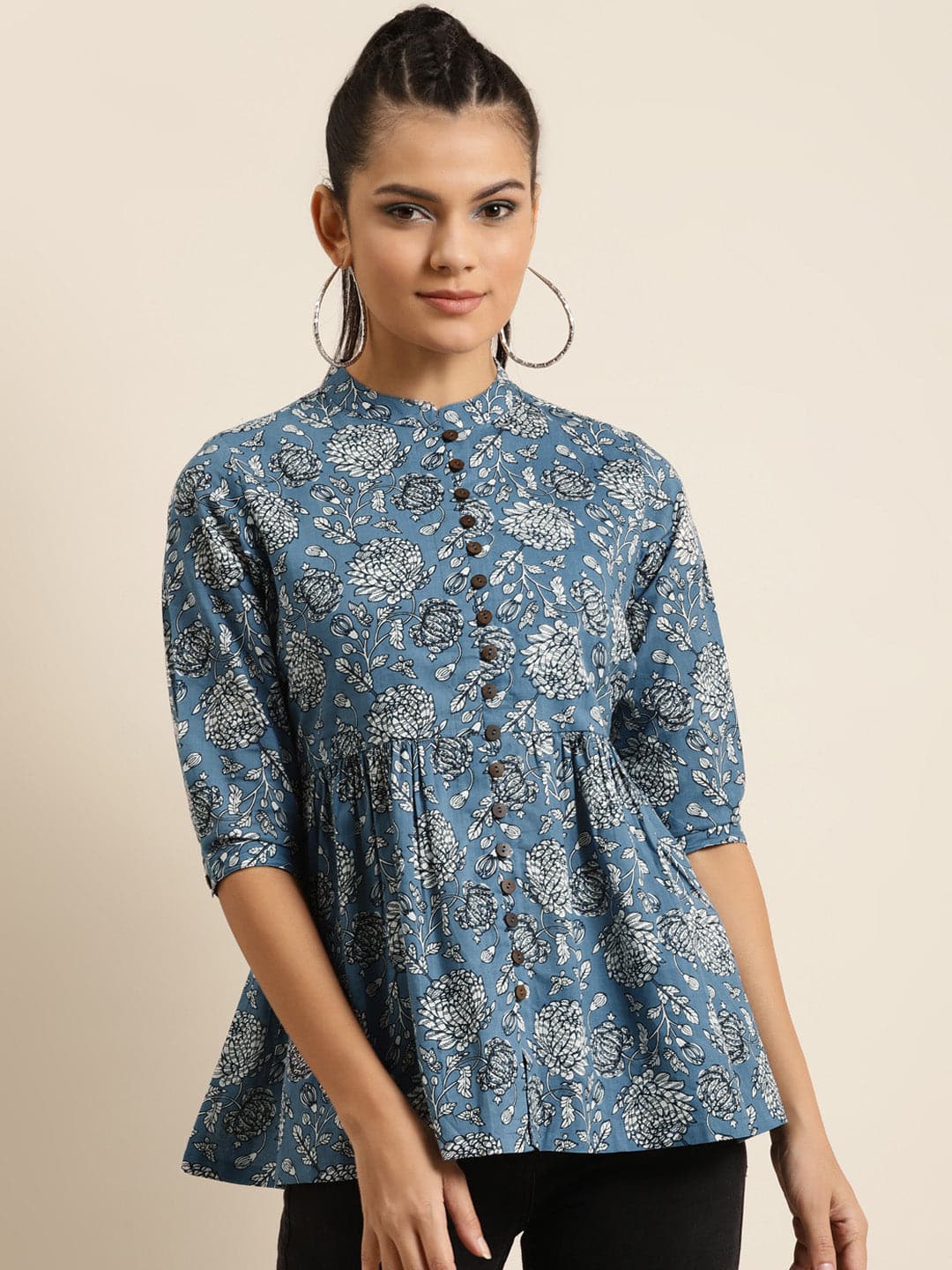 Blue Floral Front Button Gathered Top-Tops-SASSAFRAS